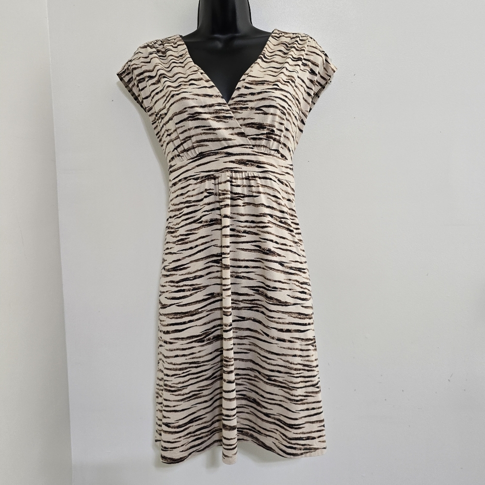 LOFT size Medium Sleeveless V Neck Animal Print Dress Tan Brown